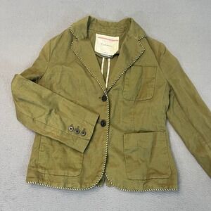 Cartonnier Anthropologie Womens 2 Olive Green Cotton Linen Blazer Braided Trim